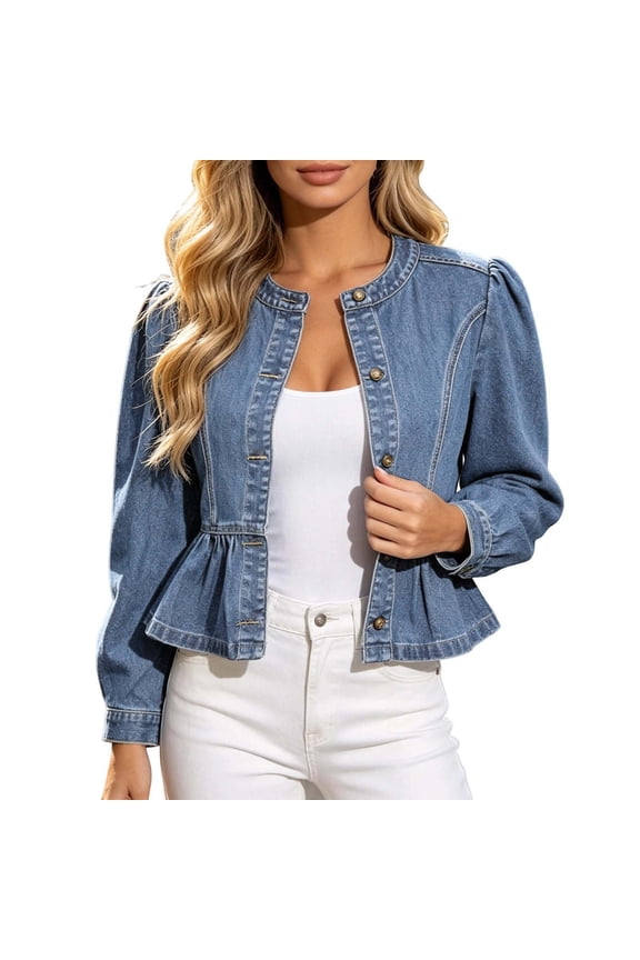 Women Oversized Round Neck Balloon Puff Sleeve Peplum Cropped Denim Jacket Light Spring Fall Casual Layering Outer Coat 1PC XS-XXL Plus Size Friendly