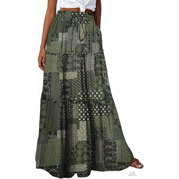 Unir Women Patchwork Geometric Print Tiered Ruffle Swing Maxi Skirt Elastic Drawstring Waist 4-Way Stretch Beach Resort Casual Long Bottom 1PC S-XXL Plus Size Friendly