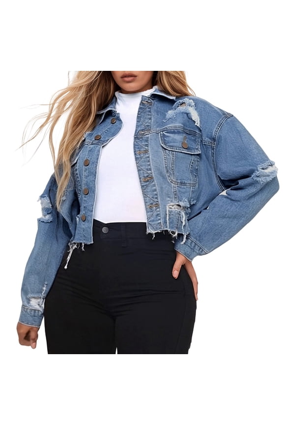 Women Relaxed Classic Lapel Oversized Cropped Distressed Ripped Washed Denim Jacket Multi Pocket Long Sleeve Casual Daily Street Layering Coat 1PC S-XXL Plus Size Friendly