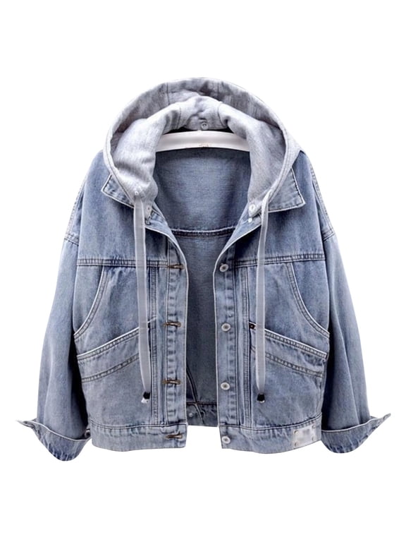 Women Relaxed Detachable Knit Hood Loose Oversized Light Wash Denim Jacket Big Side Pocket Roll Long Sleeve Casual Daily Street Layering Coat 1PC S-XXXL Plus Size Friendly