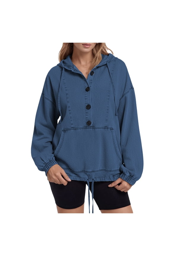 Women Relaxed Drawstring Hood Half Snap Pullover Washed Denim Hoodie Long Sleeve Pocket Casual Daily Layering Outer Jacket 1PC S-XXL Plus Size Friendly