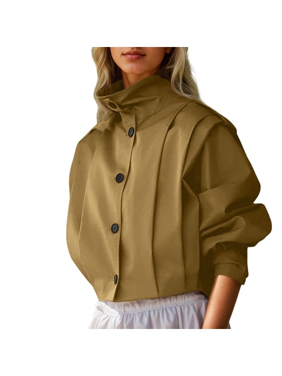 Women Relaxed High Stand Collar Pleated Front Cropped Nylon Long Sleeve Button Casual Daily Minimal Layering Jacket 1PC XS-L