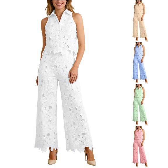 Unir Women Relaxed Lace 2 Piece Casual Suit, Lapel Sleeveless Hollow Embroidery Vest & Scalloped Hem Wide Leg Pants Breathable Lightweight Summer Daily Wear Solid Pastel Shades S-XXXL