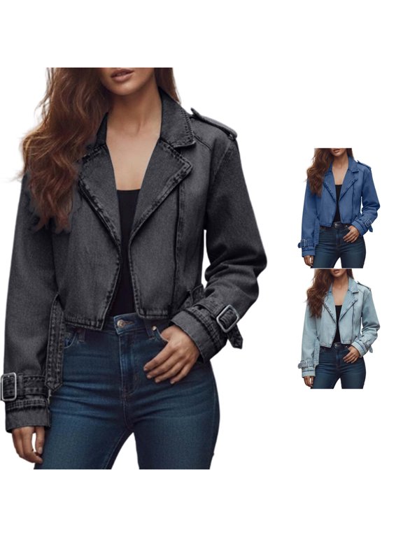 Women Relaxed Lapel Belted Cropped Washed Denim Jacket Buckle Long Sleeve Casual Daily Moto Layering Outer Coat 1PC XS-L