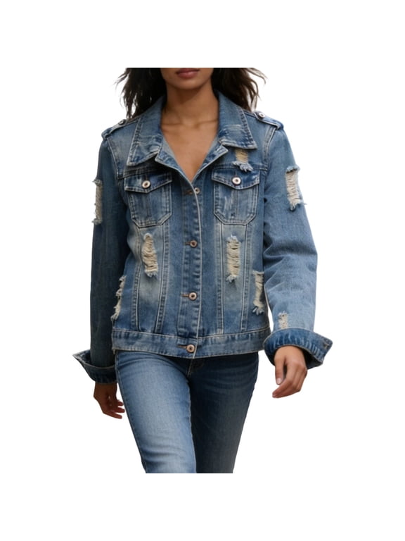 Women Relaxed Lapel Epaulet Ripped Fray Distress Long Sleeve Trucker Denim Jacket Light Spring Fall Casual Layering Outer Coat 1PC S-6XL Plus Size Friendly
