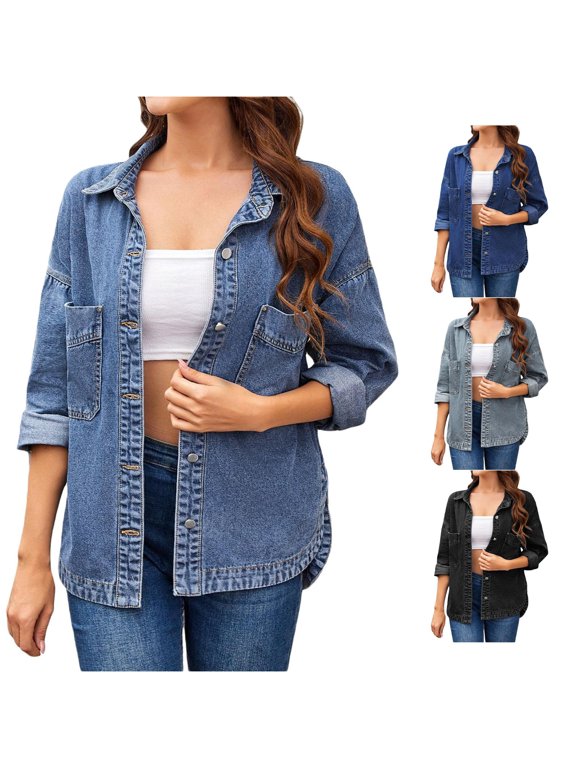Women Relaxed Lapel Side Slit Oversized Washed Denim Shirt Light Early Autumn Casual Layering Outer Jacket 1PC S-XL