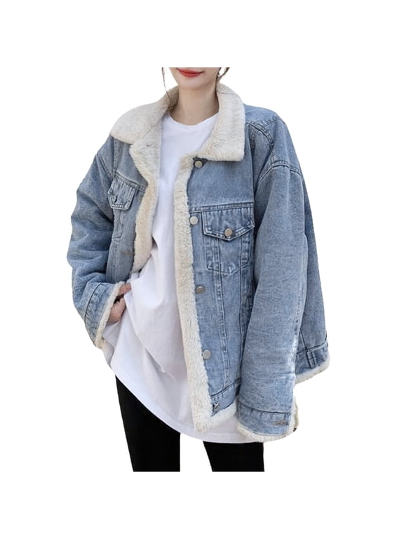 Women Relaxed Notched Collar Reversible Shearling Lined Oversized Denim Trucker Jacket Dual Pocket Casual Daily Fall Winter Warm Street Layering Coat 1PC S-XL