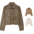 thumbnail image 1 of Unir Women Relaxed Peter Pan Collar Button Front Cropped Suede Jacket Long Sleeve Pocket Casual Daily Outer Coat 1PC XS-XL Plus Size Friendly, 1 of 5