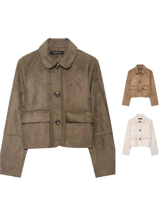 Women Relaxed Peter Pan Collar Button Front Cropped Suede Jacket Long Sleeve Pocket Casual Daily Outer Coat 1PC XS-XL Plus Size Friendly