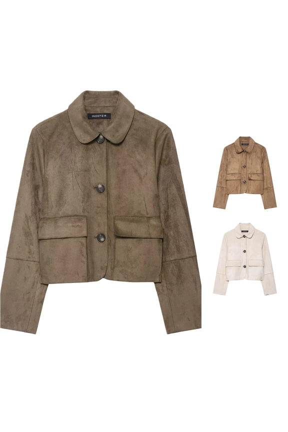 Women Relaxed Peter Pan Collar Button Front Cropped Faux Suede Jacket Long Sleeve Pocket Casual Daily Outer Coat 1PC XS-XL Plus Size Friendly