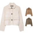thumbnail image 1 of Unir Women Relaxed Peter Pan Collar Button Front Cropped Suede Jacket Long Sleeve Pocket Casual Daily Outer Coat 1PC XS-XL Plus Size Friendly, 1 of 7