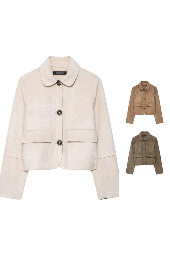 Women Relaxed Peter Pan Collar Button Front Cropped Faux Suede Jacket Long Sleeve Pocket Casual Daily Outer Coat 1PC XS-XL Plus Size Friendly
