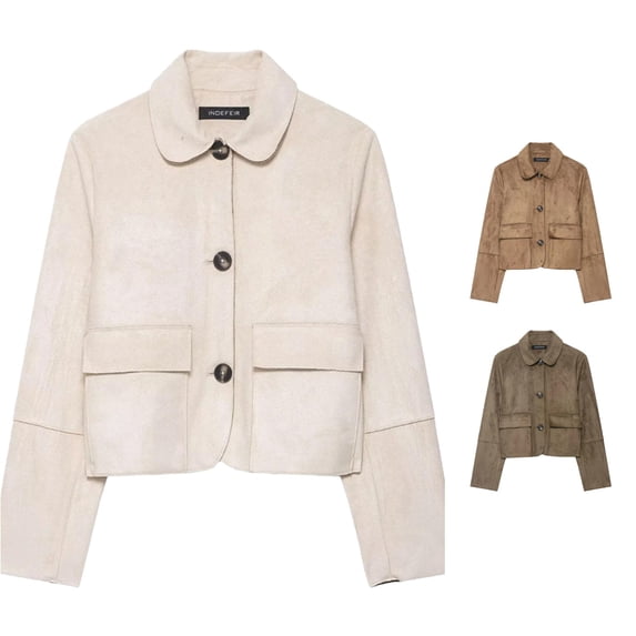Unir Women Relaxed Peter Pan Collar Button Front Cropped Suede Jacket Long Sleeve Pocket Casual Daily Outer Coat 1PC XS-XL Plus Size Friendly