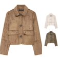thumbnail image 1 of Unir Women Relaxed Peter Pan Collar Button Front Cropped Suede Jacket Long Sleeve Pocket Casual Daily Outer Coat 1PC XS-XL Plus Size Friendly, 1 of 5
