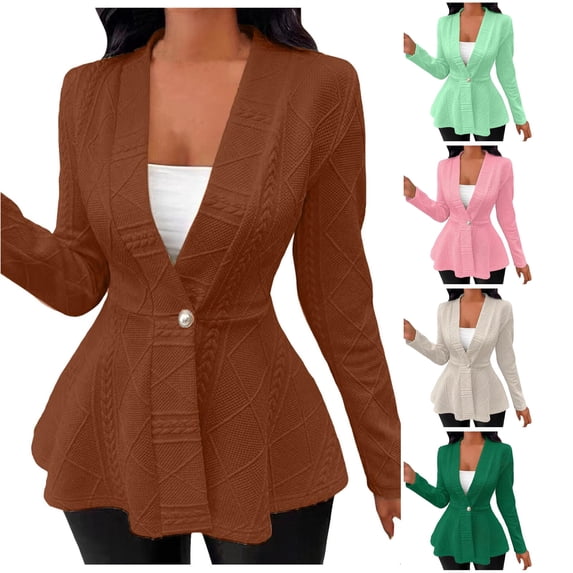 Unir Women Relaxed Shawl Collar Single Button Jacquard Textured Peplum Blazer Long Sleeve Casual Daily Spring Fall Elegant Business Layering Jacket 1PC S-XXL Plus Size Friendly