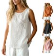 thumbnail image 1 of Unir Women Relaxed Sleeveless Casual Vest, Round Neck Embroidered Lightweight Tank Top, Washed Cotton Feel Summer Layering Blouse, Breathable Loose Fit Solid Color Shirt, Pink White Black Coffee, 1 of 4