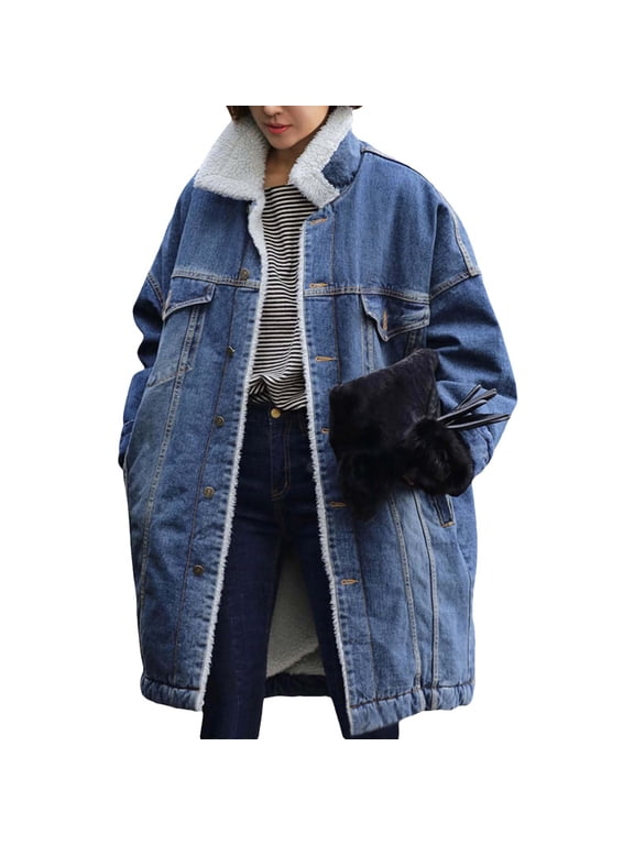 Women Relaxed Stand Collar Full Shearling Lined Mid-Length Oversized Denim Coat Dual Pocket Casual Daily Fall Winter Warm Street Layering Jacket 1PC S-XXL Plus Size Friendly