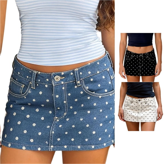 Unir Women Retro Polka Dot Stretch Denim Mini Skirt Mid Rise Button Zip Built-In Safety Liner Y2K Street Casual Short Bottom 1PC S-XL Plus Size Friendly
