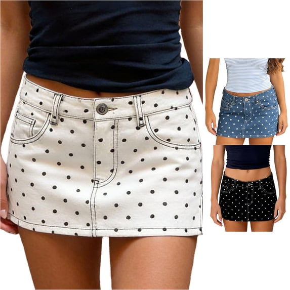 Unir Women Retro Polka Dot Stretch Denim Mini Skirt Mid Rise Button Zip Built-In Safety Liner Y2K Street Casual Short Bottom 1PC S-XL Plus Size Friendly