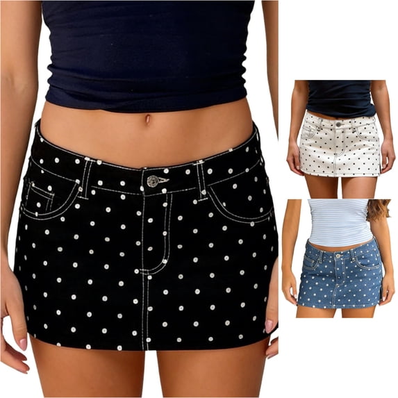 Unir Women Retro Polka Dot Stretch Denim Mini Skirt Mid Rise Button Zip Built-In Safety Liner Y2K Street Casual Short Bottom 1PC S-XL Plus Size Friendly