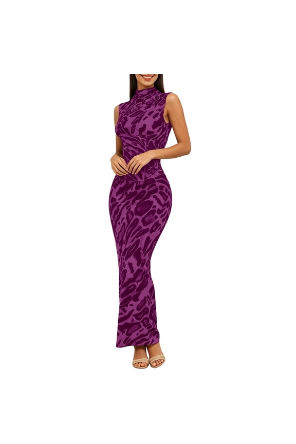 Women’S 2-Piece Sleeveless High Neck Maxi Dress Set, Animal Print Bodycon Dress With Lace-Up Boned Waist Trainer, Smooth Stretchy Polyester Fabric, 2pcs, Sizes S To XL