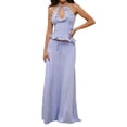 thumbnail image 1 of Unir Women’S 2-Piece Vacation Outfit Set, Halter Neck Keyhole Cut Out Ruffle Trim Top With High Waist Tiered Drawstring Flowy Maxi Skirt, Smooth Lightweight Polyester Fabric, 2pcs, Sizes S To L, 1 of 7