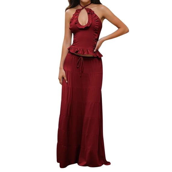 Unir Women’S 2-Piece Vacation Outfit Set, Halter Neck Keyhole Cut Out Ruffle Trim Top With High Waist Tiered Drawstring Flowy Maxi Skirt, Smooth Lightweight Polyester Fabric, 2pcs, Sizes S To L