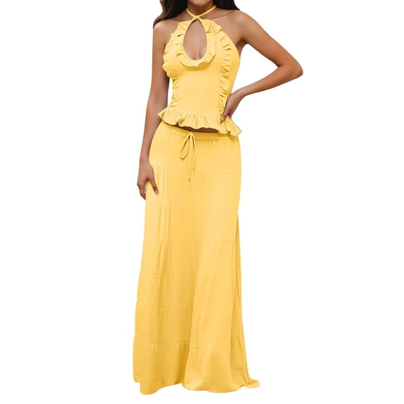 Unir Women’S 2-Piece Vacation Outfit Set, Halter Neck Keyhole Cut Out Ruffle Trim Top With High Waist Tiered Drawstring Flowy Maxi Skirt, Smooth Lightweight Polyester Fabric, 2pcs, Sizes S To L