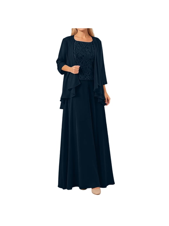Women’S 3-Piece Elegant Evening Gown Set, Lace Bodice Tank Top With 3/4 Sleeve Chiffon Jacket & A-Line Maxi Skirt, Formal Wedding Party Outfit, 3pcs, Sizes XS Through XXXL