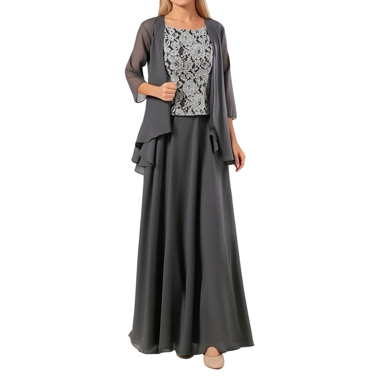 Unir WomenS 3-Piece Elegant Evening Gown Set, Lace Bodice Tank Top With 3/4 Sleeve Chiffon Jacket & A-Line Maxi Skirt, Formal Wedding Party Outfit