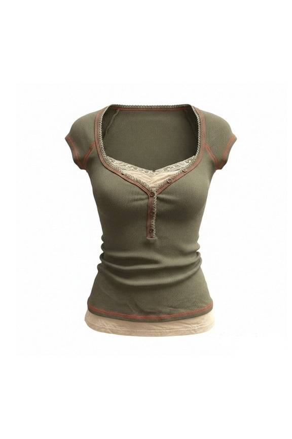Women’S 90s Grunge Square Neck Fitted T-Shirt, Contrast Stitching Lace Trim Button Front Short Sleeve Top, Lightweight Ribbed Polyester, 1pc, Sizes S M L