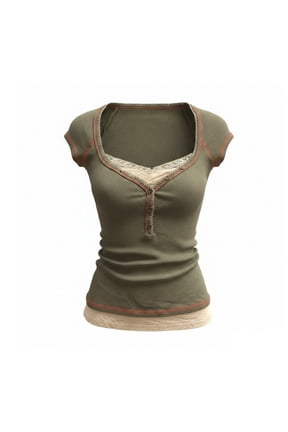 Women’S 90s Grunge Square Neck Fitted T-Shirt, Contrast Stitching Lace Trim Button Front Short Sleeve Top, Lightweight Ribbed Polyester, 1pc, Sizes S M L