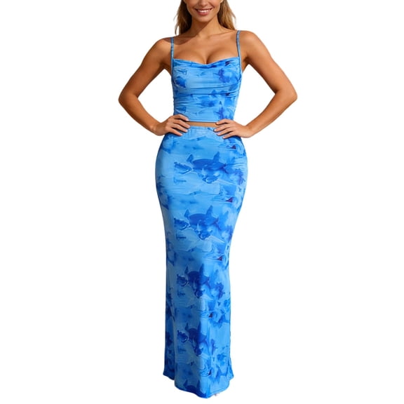 Unir Women’S Abstract Tie Dye 2-Piece Skirt Set, Spaghetti Strap Cropped Cami Top With High Waist Slim Fit Floor Length Skirt, Smooth Stretchy Polyester Fabric, 2pcs, Sizes S To L