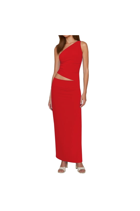 Women’S Asymmetrical One Shoulder Sleeveless Maxi Dress, Side Waist Cut Out Ruched Bodycon Floor Length Party Dress, Smooth Stretch Polyester Fabric, 1pc, Sizes XXS Through XXXXXL