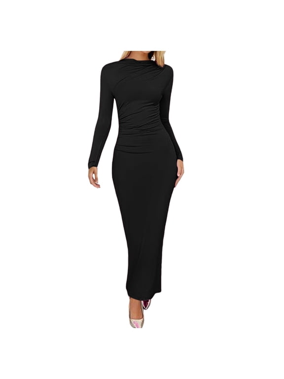 Women’S Chic High Neck Long Sleeve Bodycon Maxi Dress, Side Ruched Detail Form Fitting Ankle Length Evening Party Dress, Smooth Stretch Polyester Fabric, 1pc, Sizes S To L