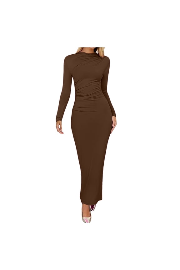 Women’S Chic High Neck Long Sleeve Bodycon Maxi Dress, Side Ruched Detail Form Fitting Ankle Length Evening Party Dress, Smooth Stretch Polyester Fabric, 1pc, Sizes S To L