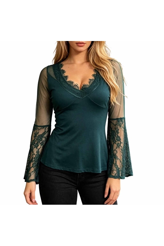 Women’S Deep V-Neck Floral Lace Flare Sleeve Blouse, Sheer Mesh Panel Form-Fitting Sexy Evening Top, Lightweight Stretchy Fabric, 1pc, Sizes XS To XXL