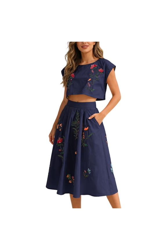 Women’S Ethnic Floral Embroidered 2-Piece Skirt Set, Sleeveless Crop Tank Top With High Waist Pleated Midi Skirt, Lightweight Soft Cotton Fabric, 2pcs, Sizes S To L