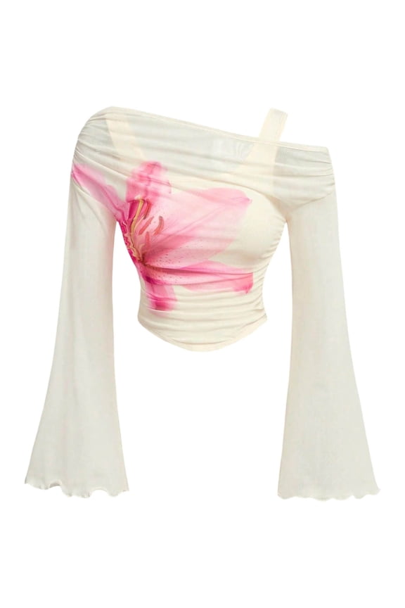 Women’S Lily Print Off-Shoulder Lace Top, Flare Long Sleeve Ruched Mesh Cropped Blouse, Lightweight, 1pc, Sizes S To XXL