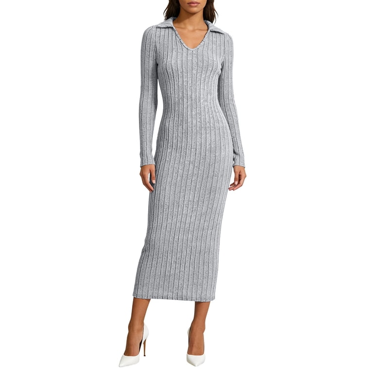 Unir WomenS Polo Collar V Neck Long Sleeve Midi Dress, Ribbed Knit Slim Fit Elegant Everyday Dress, Smooth Stretchy Knitted Fabric, 1pc, Sizes S