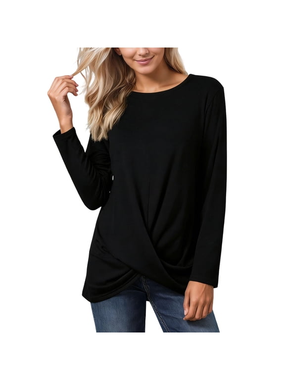 Women’S Round Neck Long Sleeve Casual T-Shirt, Twisted Front Hem Relaxed Fit Daily Top, Smooth Wrinkle-Resistant Stretchy Polyester Fabric, 1pc, Sizes S, L, XXL