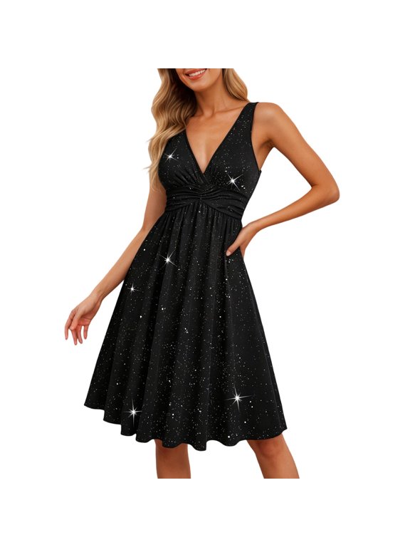 Women’S Shimmer Glitter V Neck Sleeveless Fit And Flare Midi Dress, Ruched Bust Waist Defined Formal Cocktail Evening Dress, Smooth Stretch Polyester Fabric, 1pc, Sizes S Through XXXXL