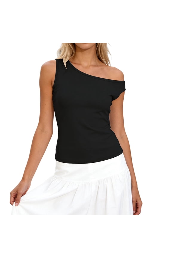 Women’S Off Shoulder Asymmetrical Neck Sleeveless Blouse, Solid Color Form-Fitting Casual Summer Daily Tank Top, Smooth Stretchy Wrinkle-Resistant Polyester, 1pc, Sizes S To XXL