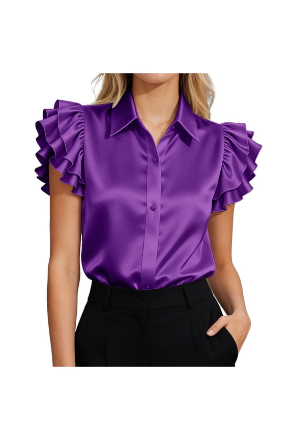 Women’S Silky Satin Button Front Shirt, Tiered Ruffle Cap Sleeve Collared Business Casual Blouse, Wrinkle-Resistant Polyester Fabric, 1pc, Sizes S To XXL