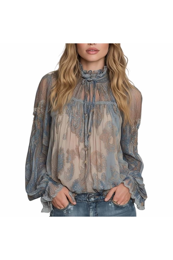 Women’S Vintage Floral Paisley Print Ruffled Mock Neck Blouse, Sheer Lace Accent Long Balloon Sleeve Casual Bohemian Top, Smooth Lightweight Fabric, 1pc, Sizes XS To XXL
