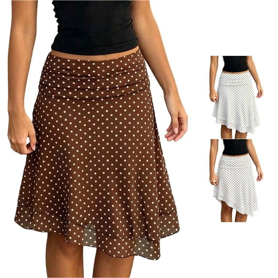 Unir Women Scattered Polka Dot Double Layer Chiffon Asymmetrical Midi Skirt Ruched Elastic Waist Summer Casual Long Bottom 1PC XS-XL Plus Size Friendly