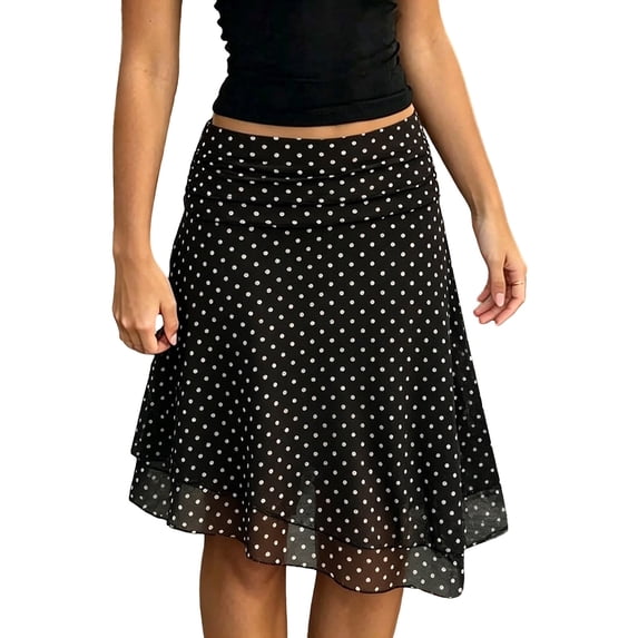 Unir Women Scattered Polka Dot Double Layer Chiffon Asymmetrical Midi Skirt Ruched Elastic Waist Summer Casual Long Bottom 1PC XS-XL Plus Size Friendly