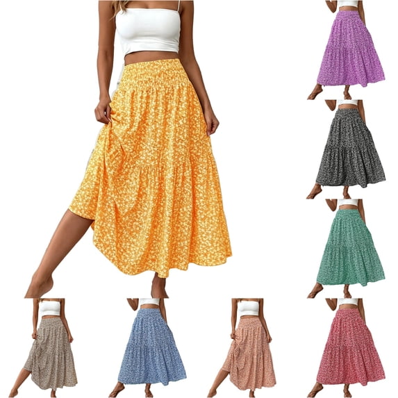 Unir Women Scattered Tiny Ditsy Floral Three Tier Flow Four Way Stretch Maxi Skirt Elastic High Waist Casual Long Bottom 1PC S-XL Plus Size Friendly