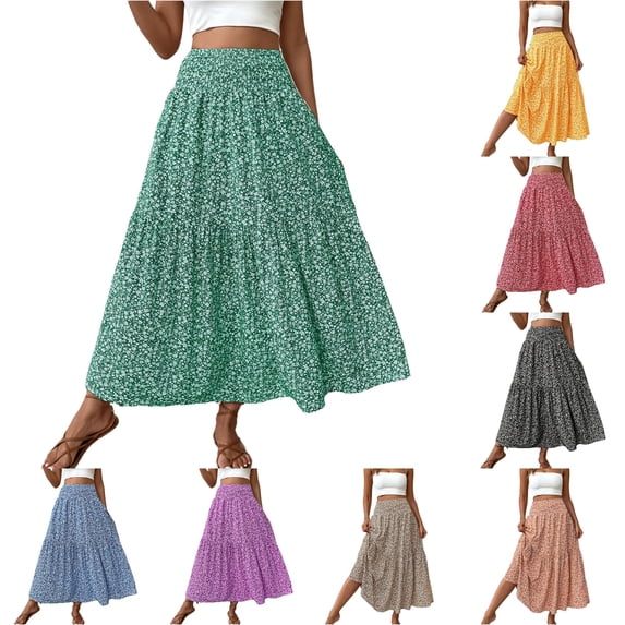 Unir Women Scattered Tiny Ditsy Floral Three Tier Flow Four Way Stretch Maxi Skirt Elastic High Waist Casual Long Bottom 1PC S-XL Plus Size Friendly