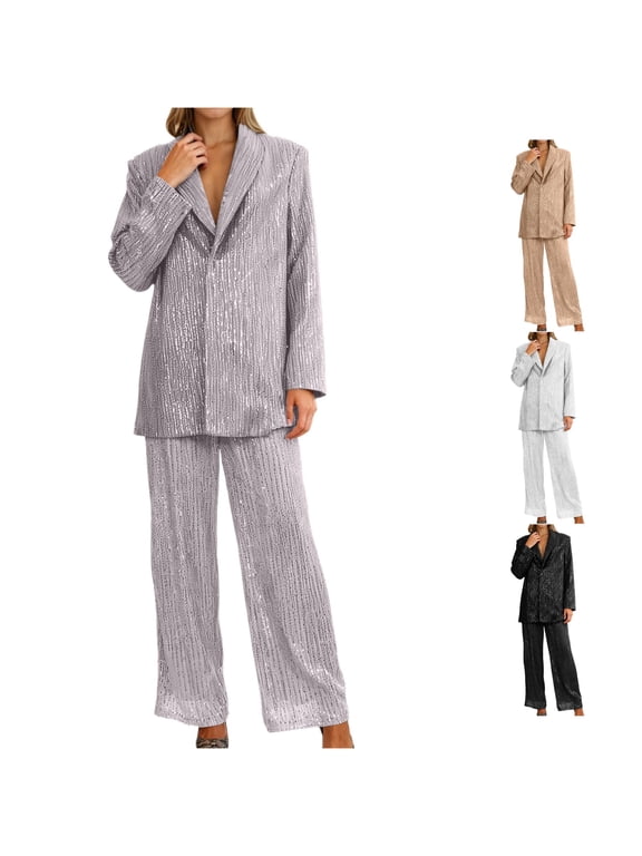 Women Sequined Blazer Wide Leg Trousers 2 Piece Suit, Lightweight Sparkly Casual Evening Outfit Set, Comfort Loose Fit S-XL Multi Color Party Loungewear